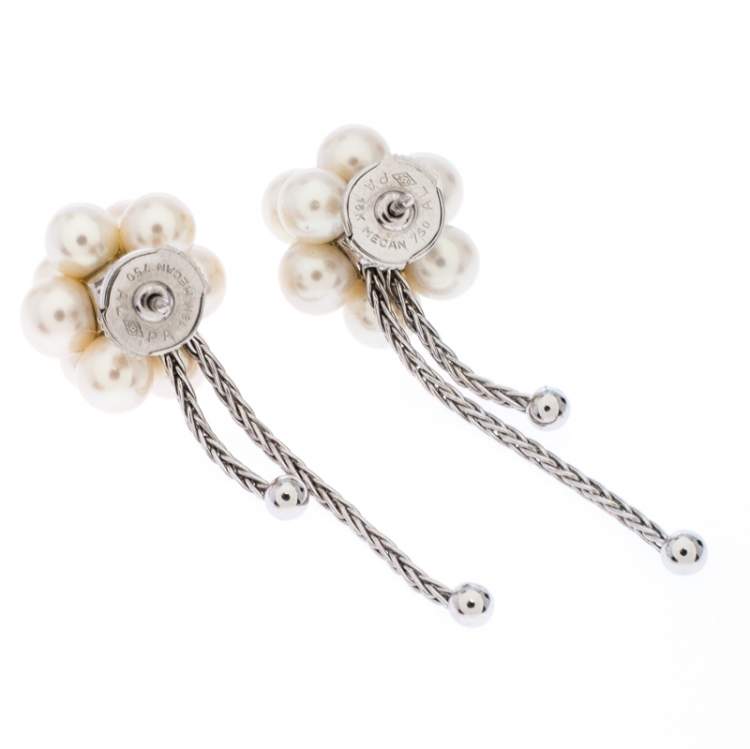 Pre Owned Boucheron Cultured Pearl Cluster 18k White Gold Tassel Stud Earrings