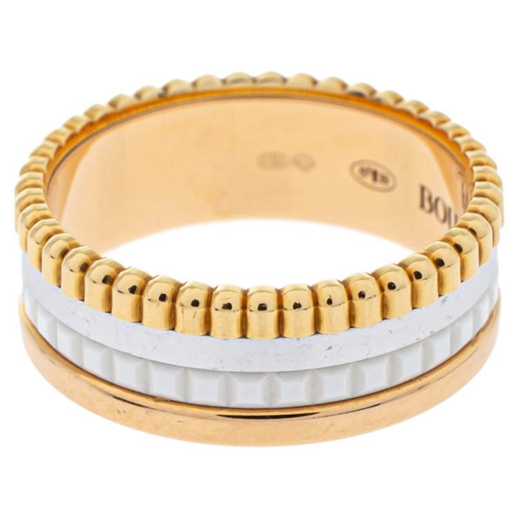 Pre Owned Boucheron Quatre White Edition Ceramic 18K Three Tone Gold Small Ring Size 51