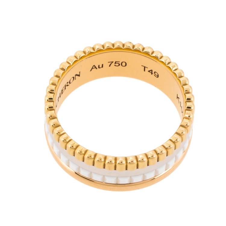 Pre Owned Boucheron Quatre White Edition Ceramic 18K Three Tone Gold Ring Size 49