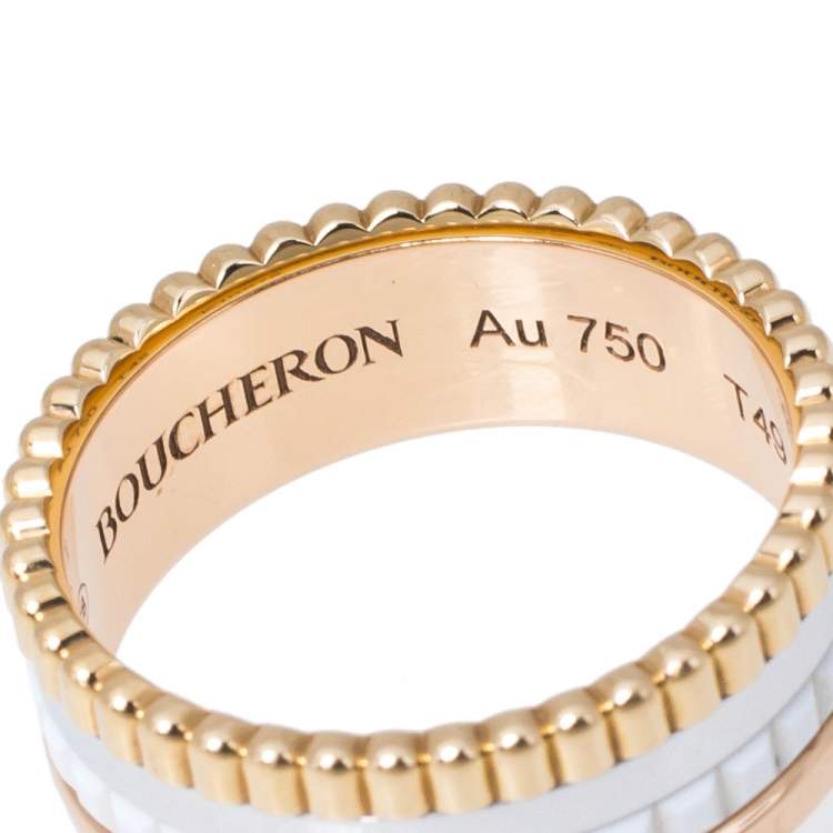 Pre Owned Boucheron Quatre White Edition Ceramic 18K Three Tone Gold Ring Size 49
