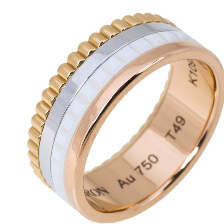 Pre Owned Boucheron Quatre White Edition Ceramic 18K Three Tone Gold Ring Size 49