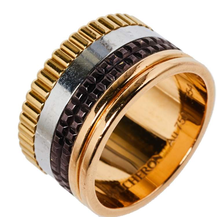 Pre Owned Boucheron Quatre Classique 18K Three Tone Gold Large Ring Size 54