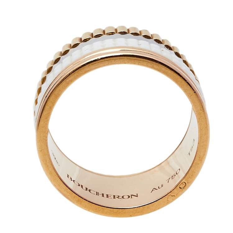 Pre Owned Boucheron Quatre White Edition Ceramic 18K Three Tone Gold Large Band Ring Size 53