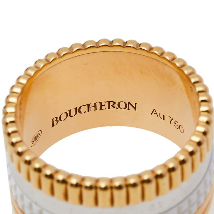 Pre Owned Boucheron Quatre White Edition Ceramic 18K Three Tone Gold Large Band Ring Size 53