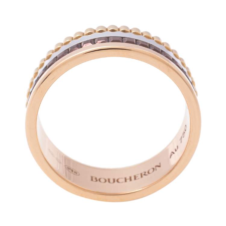 Pre Owned Boucheron Quatre Classique Brown PVD 18k Three Tone Gold Small Band Ring Size 54 