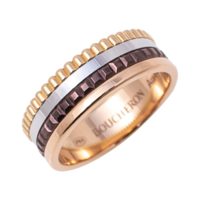 Pre Owned Boucheron Quatre Classique Brown PVD 18k Three Tone Gold Small Band Ring Size 54 