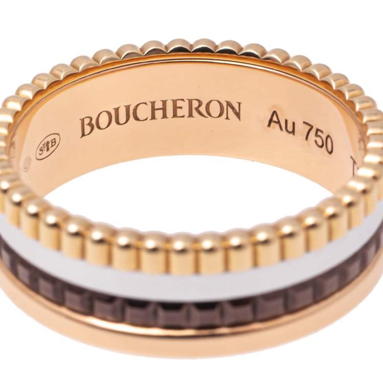 Pre Owned Boucheron Quatre Classique Brown PVD 18k Three Tone Gold Small Band Ring Size 54 