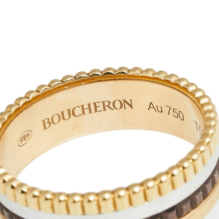 Pre Owned Boucheron Quatre Classique Brown PVD 18k Three Tone Gold Small Band Ring Size 58