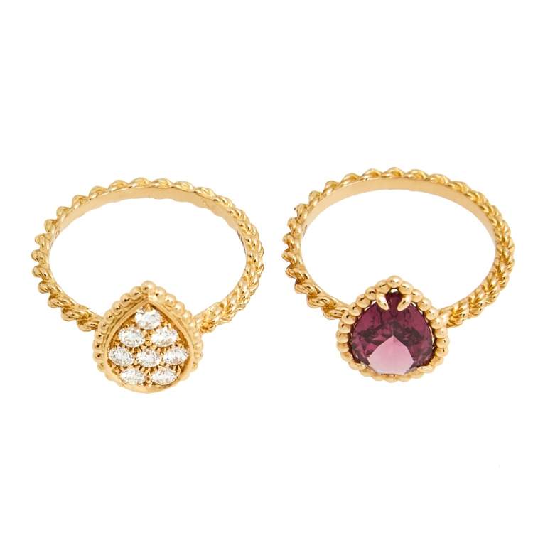 Pre Owned Boucheron Serpent Boheme S Motif Diamond and Rhodolite Garnet 18k Rose Gold Set of 2 Rings Size 52