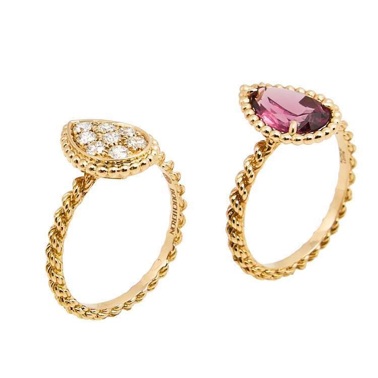 Pre Owned Boucheron Serpent Boheme S Motif Diamond and Rhodolite Garnet 18k Rose Gold Set of 2 Rings Size 52