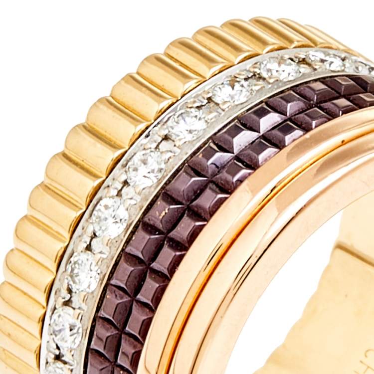 Pre Owned Boucheron Quatre Classique Diamond Brown PVD 18k Three Tone Gold Large Band Ring Size 50