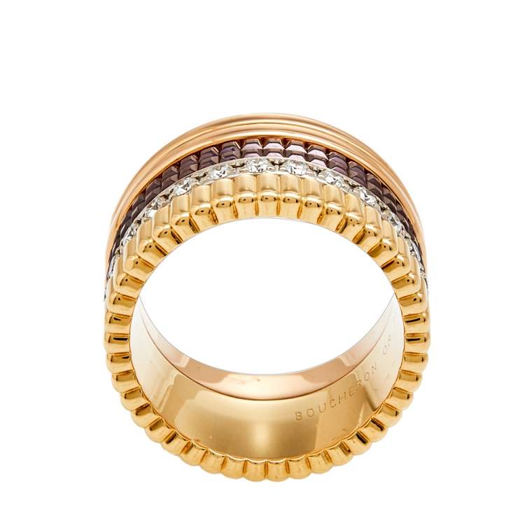 Pre Owned Boucheron Quatre Classique Diamond Brown PVD 18k Three Tone Gold Large Band Ring Size 50