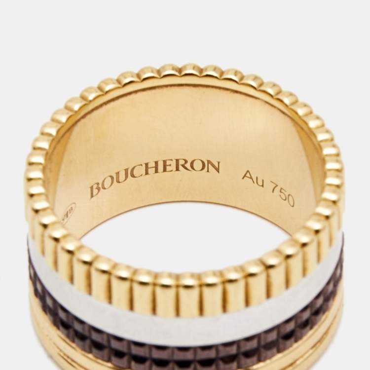 Pre Owned Boucheron Quatre Classique Brown PVD 18k Three Tone Gold Large Ring Size 53