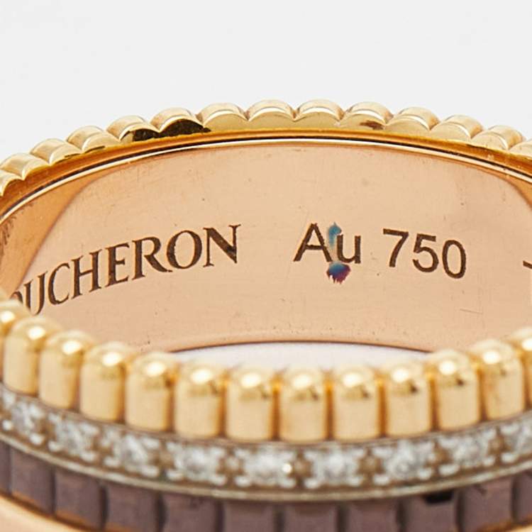 Pre Owned Boucheron Quatre Classique Diamonds 18k Three Tone Gold Small Band Ring Size 51