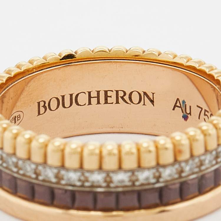 Pre Owned Boucheron Quatre Classique Diamonds 18k Three Tone Gold Small Band Ring Size 51