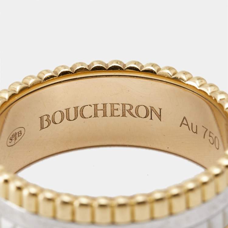 Pre Owned Boucheron Quatre Classique White Edition Ceramic 18k Three Tone Gold Ring Size 52