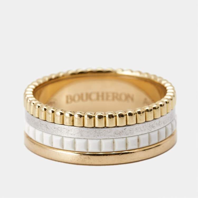 Pre Owned Boucheron Quatre Classique White Edition Ceramic 18k Three Tone Gold Ring Size 52