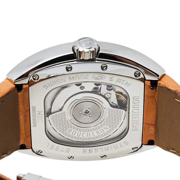 Pre Owned Boucheron Grey Stainless Steel Diamond Leather MEC Tonneau Women's Wristwatch 38 mm