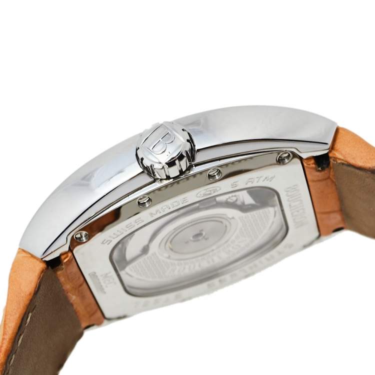Pre Owned Boucheron Grey Stainless Steel Diamond Leather MEC Tonneau Women's Wristwatch 38 mm