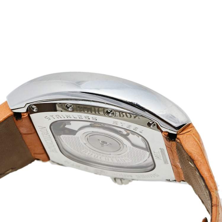Pre Owned Boucheron Grey Stainless Steel Diamond Leather MEC Tonneau Women's Wristwatch 38 mm