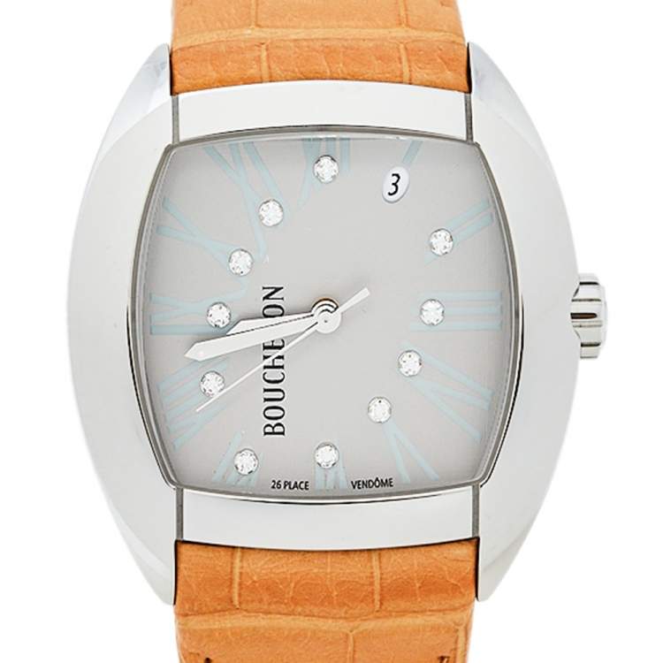 Pre Owned Boucheron Grey Stainless Steel Diamond Leather MEC Tonneau Women's Wristwatch 38 mm