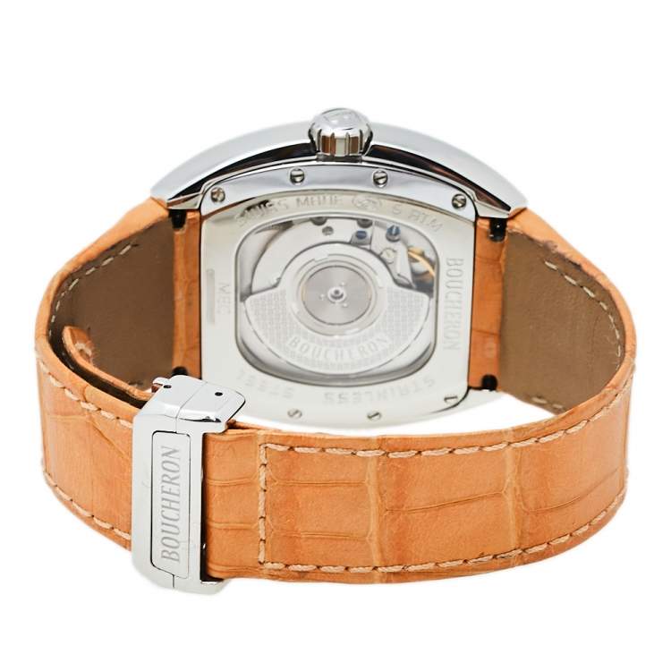 Pre Owned Boucheron Grey Stainless Steel Diamond Leather MEC Tonneau Women's Wristwatch 38 mm