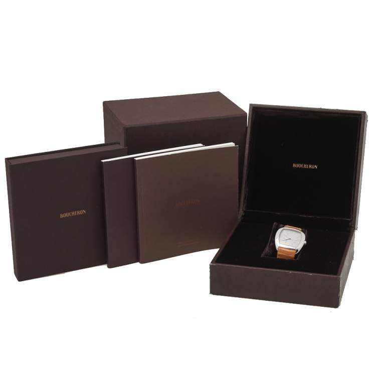 Pre Owned Boucheron Grey Stainless Steel Diamond Leather MEC Tonneau Women's Wristwatch 38 mm