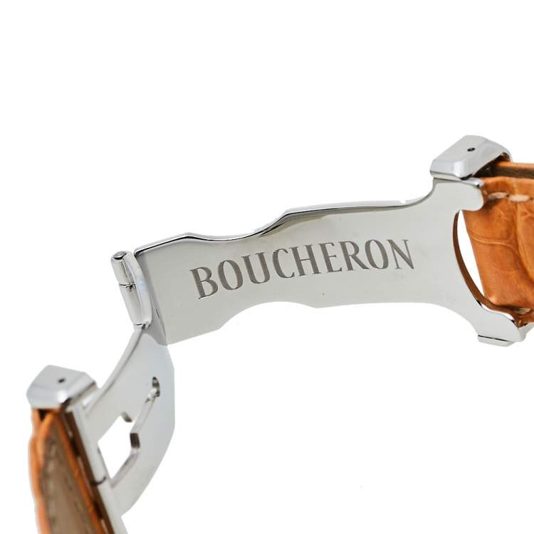Pre Owned Boucheron Grey Stainless Steel Diamond Leather MEC Tonneau Women's Wristwatch 38 mm