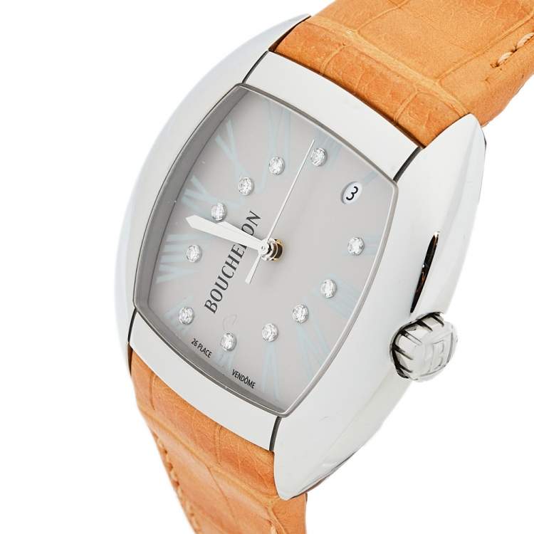 Pre Owned Boucheron Grey Stainless Steel Diamond Leather MEC Tonneau Women's Wristwatch 38 mm