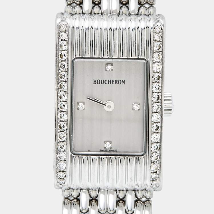 Pre Owned Boucheron Silver Diamonds Stainless Steel Reflet Women's Wristwatch 18 mm (With 8 Straps)