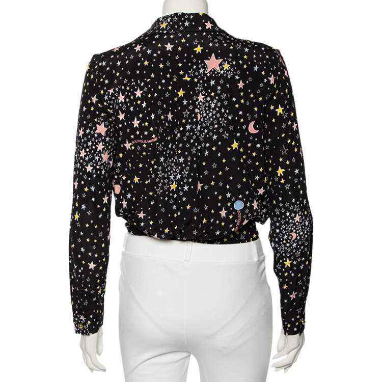 Pre Owned Moschino Boutique Black Star Print Silk Long Sleeve Long Sleeve Bodysuit S