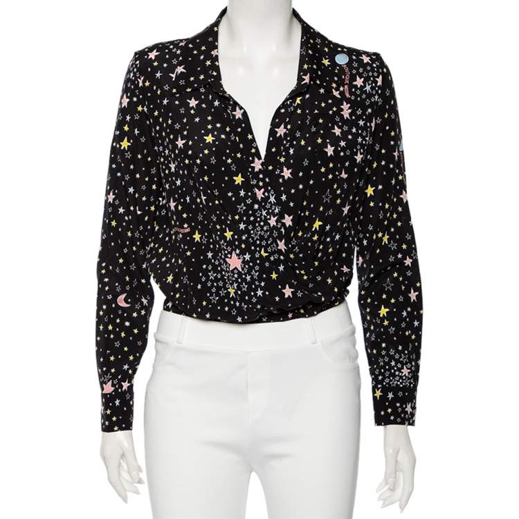 Pre Owned Moschino Boutique Black Star Print Silk Long Sleeve Long Sleeve Bodysuit S