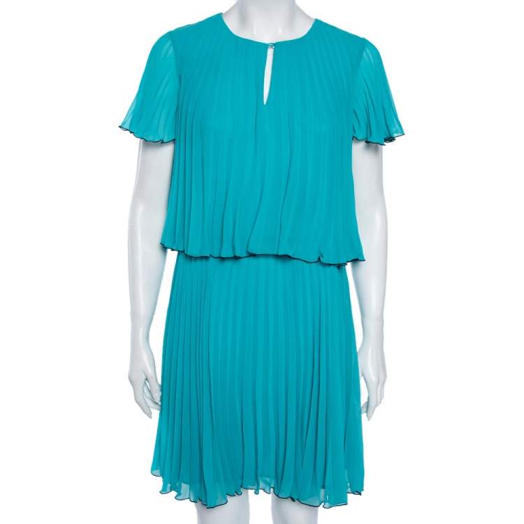 Pre Owned Boutique Moschino Turquoise Blue Plisse Chiffon Overlay Detail Midi Dress S 