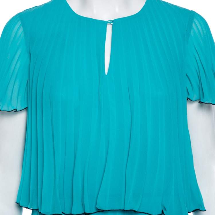Pre Owned Boutique Moschino Turquoise Blue Plisse Chiffon Overlay Detail Midi Dress S 