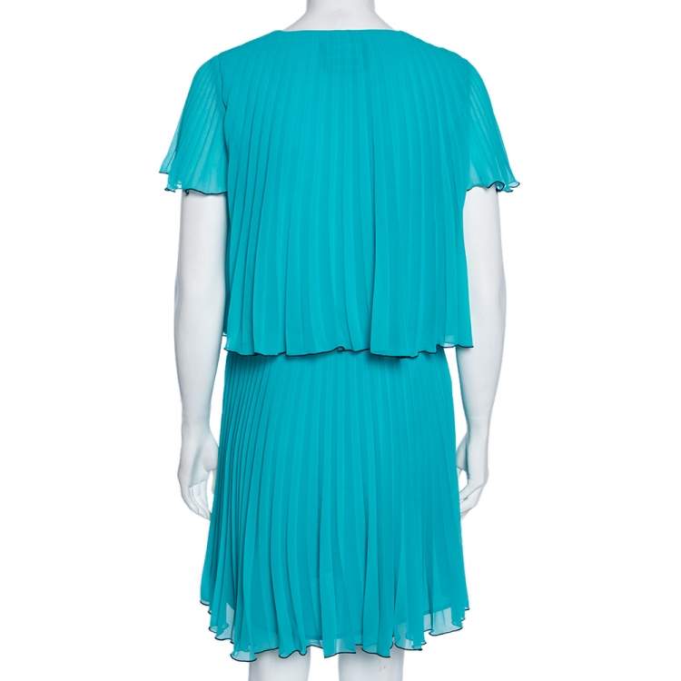 Pre Owned Boutique Moschino Turquoise Blue Plisse Chiffon Overlay Detail Midi Dress S 
