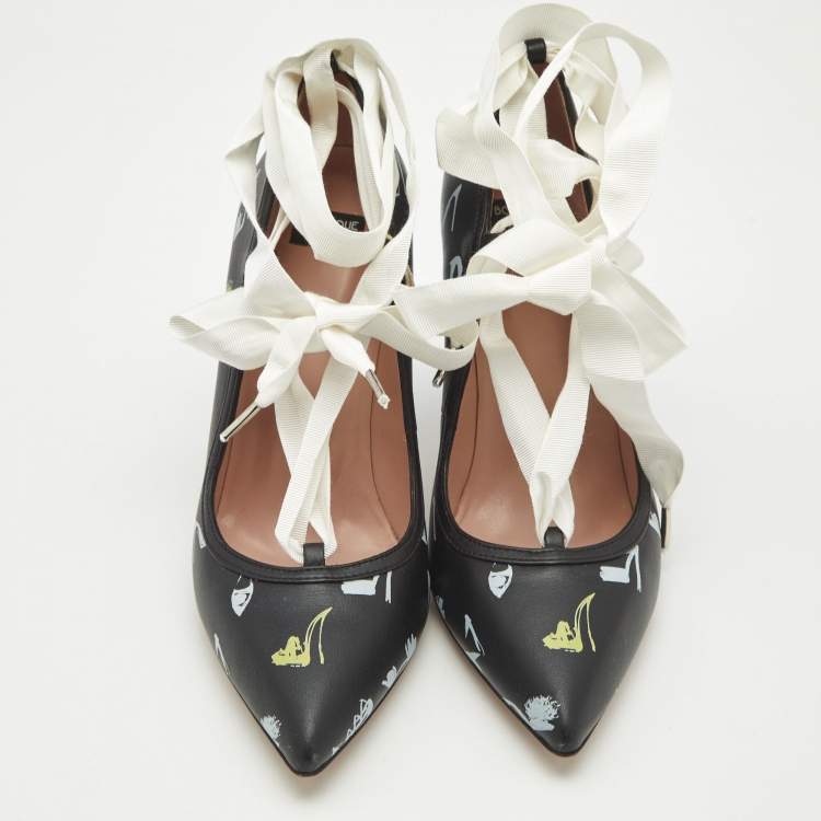 Pre Owned Boutique Moschino Printed Black Leather Ankle Wrap Pumps Size 37