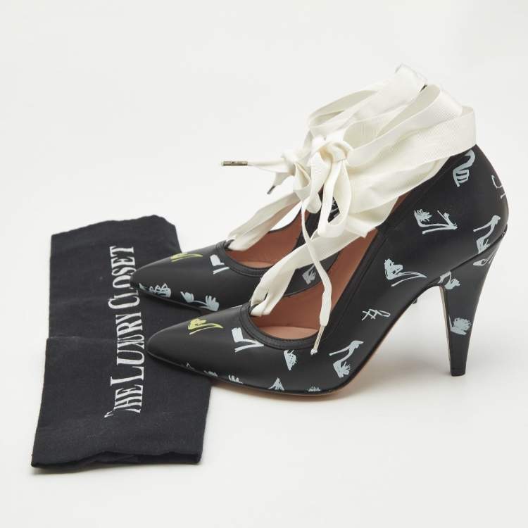 Pre Owned Boutique Moschino Printed Black Leather Ankle Wrap Pumps Size 37