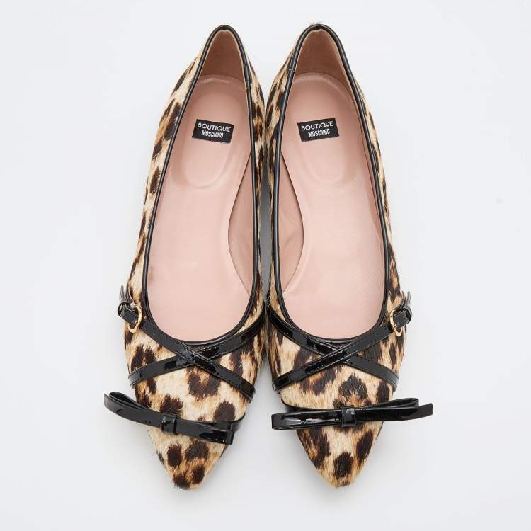 Pre Owned Boutique Moschino Brown/Black Leopard Print Calf Hair and Patent Leather Bow Ballet Flats Size 40