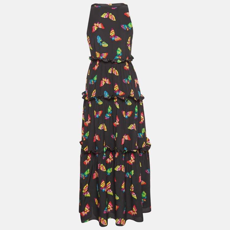 Pre Owned Boutique Moschino Black Butterfly Print Tiered Midi Dress S