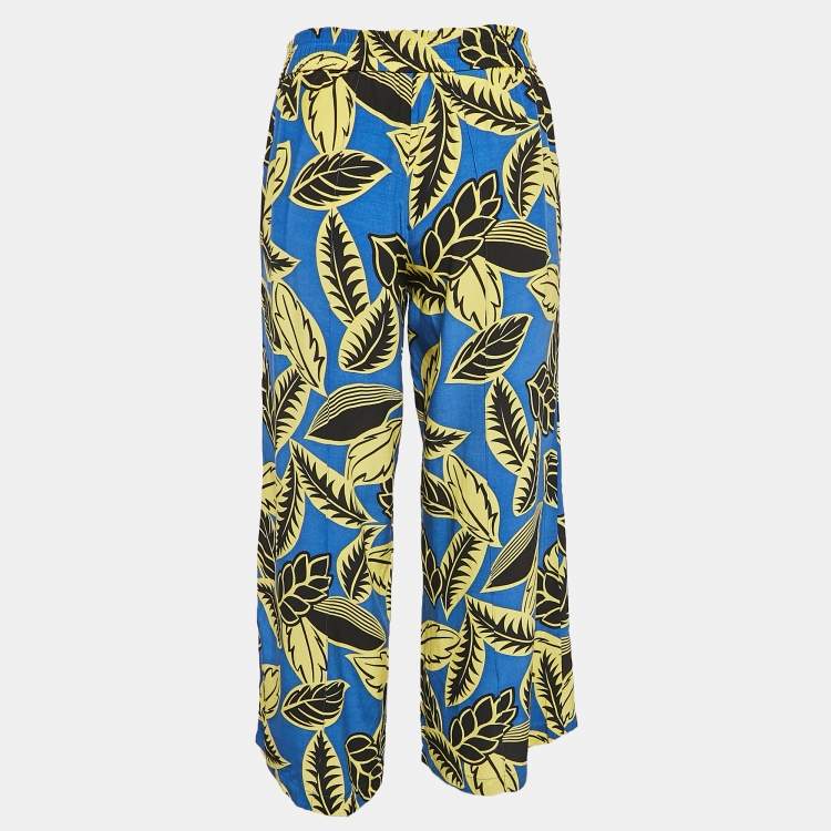 Pre Owned Boutique Moschino Blue/Yellow Leaf Print Crepe Trousers M