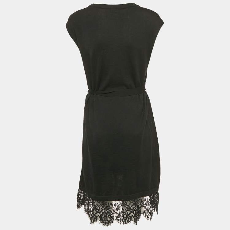 Pre Owned Boutique Moschino Black Wool Blend Lace Trim Detail Belted Midi Dress M