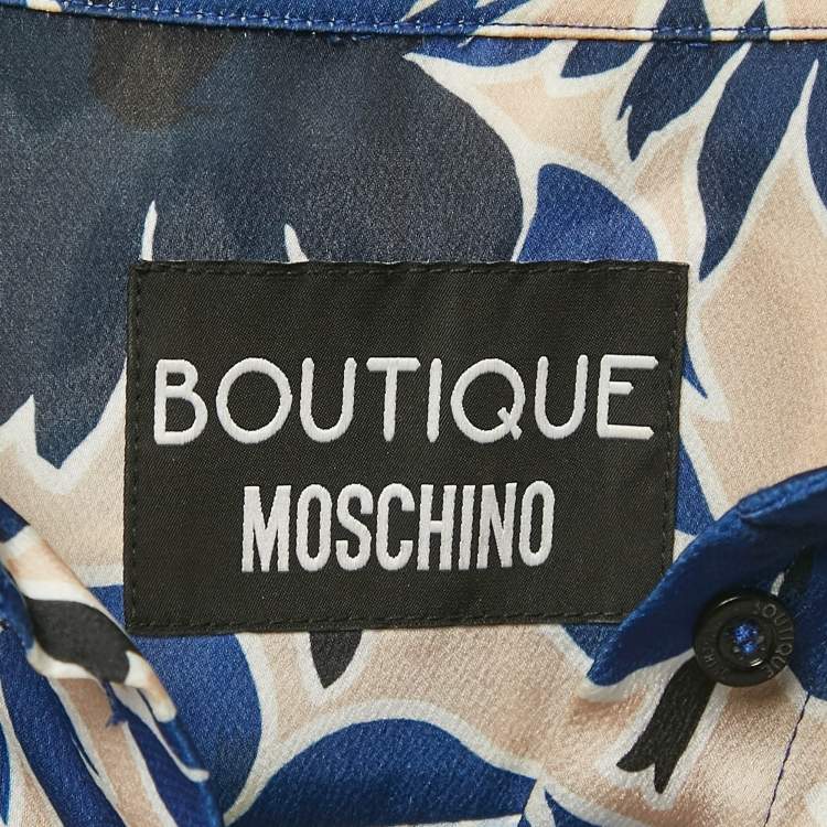 Pre Owned Boutique Moschino Blue Tropical Print Satin Button Front Shirt Dress M