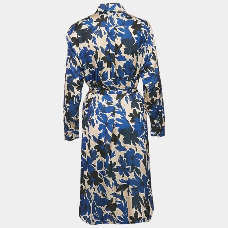 Pre Owned Boutique Moschino Blue Tropical Print Satin Button Front Shirt Dress M