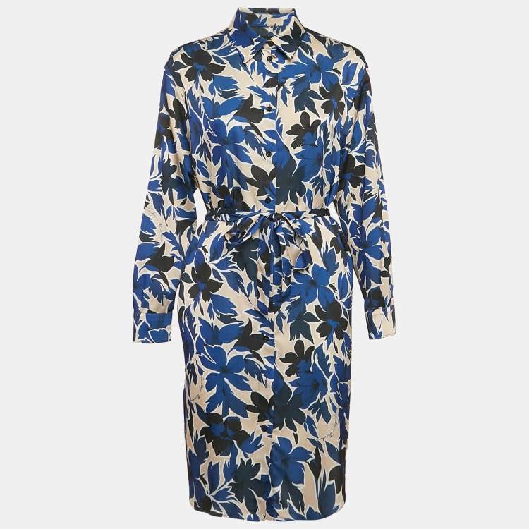 Pre Owned Boutique Moschino Blue Tropical Print Satin Button Front Shirt Dress M