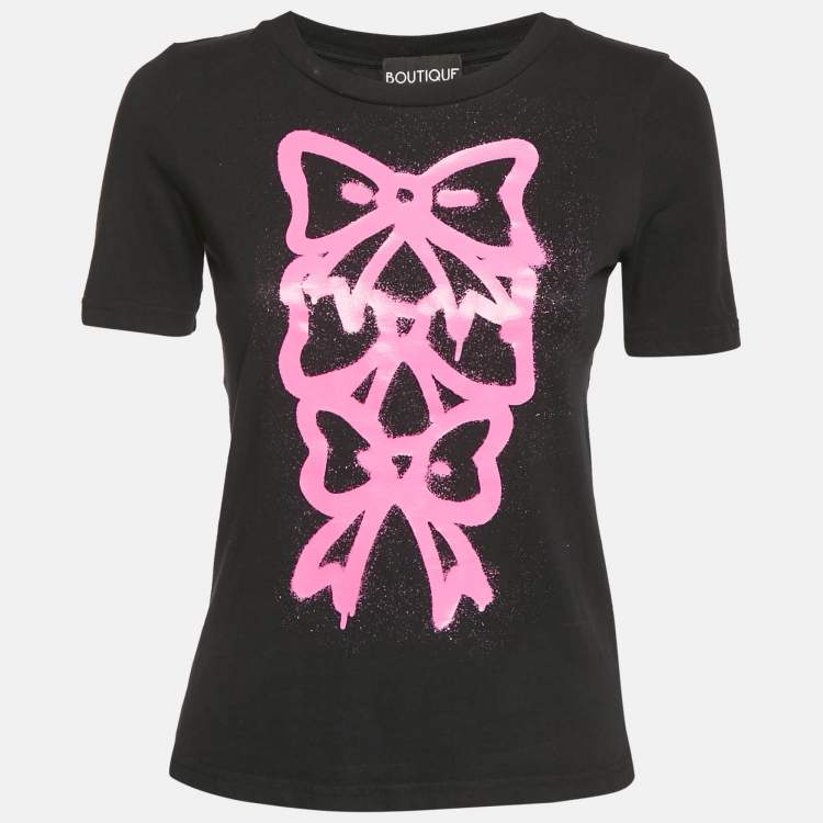 Pre Owned Boutique Moschino Black Bow Print Cotton Crew-Neck T-Shirt S