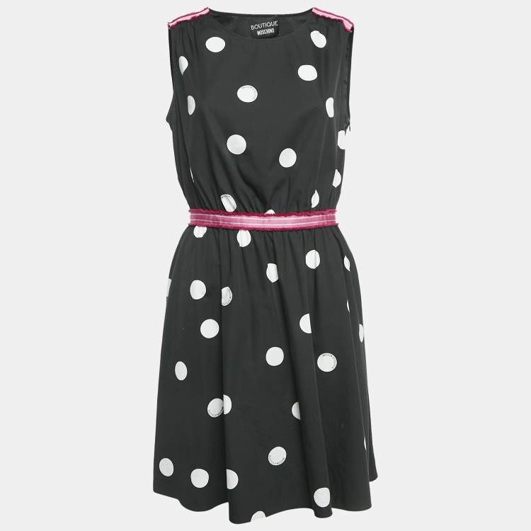 مملوكة مسبقًا Boutique Moschino Black Polka Dot Print Cotton Trimmed Sleeveless Short Dress M