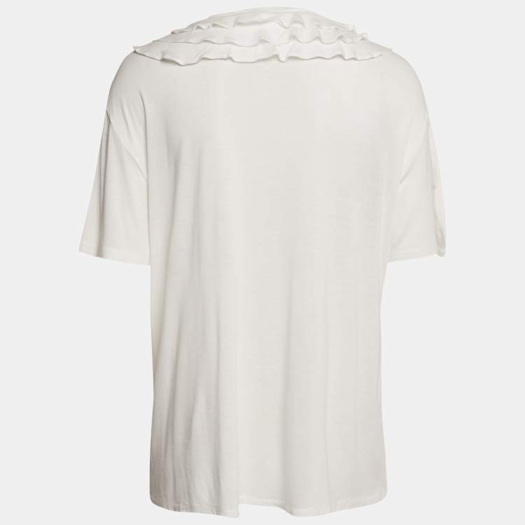 Pre Owned Boutique Moschino White Logo Print Jersey Crystal Embellished and Ruffled T-Shirt M