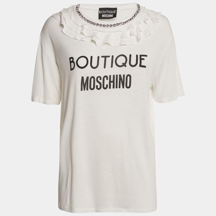 Pre Owned Boutique Moschino White Logo Print Jersey Crystal Embellished and Ruffled T-Shirt M