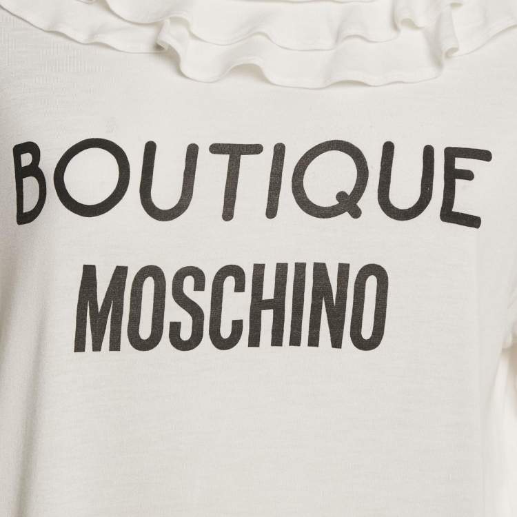 Pre Owned Boutique Moschino White Logo Print Jersey Crystal Embellished and Ruffled T-Shirt M