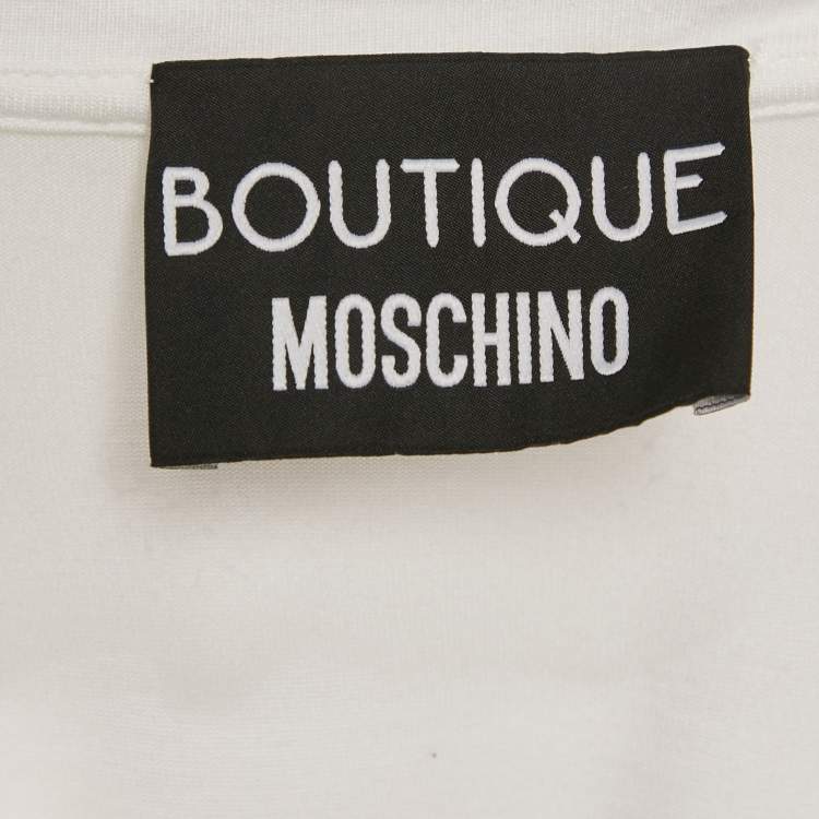 Pre Owned Boutique Moschino White Logo Print Jersey Crystal Embellished and Ruffled T-Shirt M